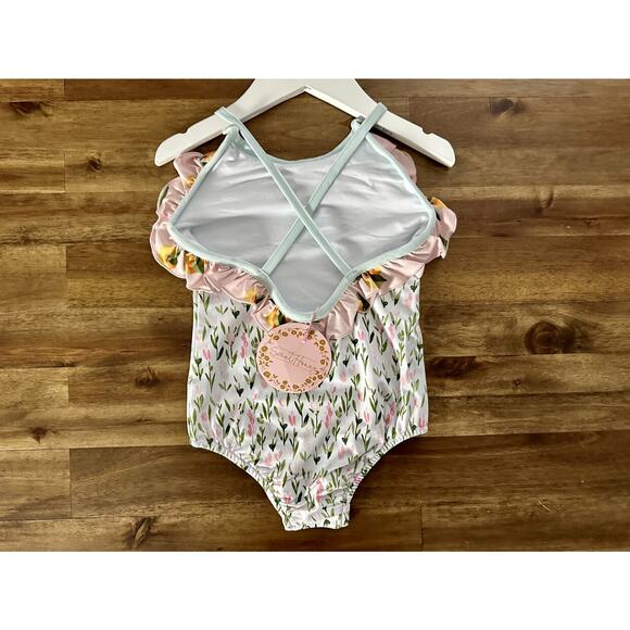 NNWT SweetHoney Mary One Piece Swimsuit Savannah Floral Ruffle White Pink 4T - Picture 4 of 7